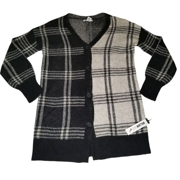 WilliamRast Black Cream Plaid Long Cardigan Sweater Small Academia Geek Cozy New - Picture 10 of 10
